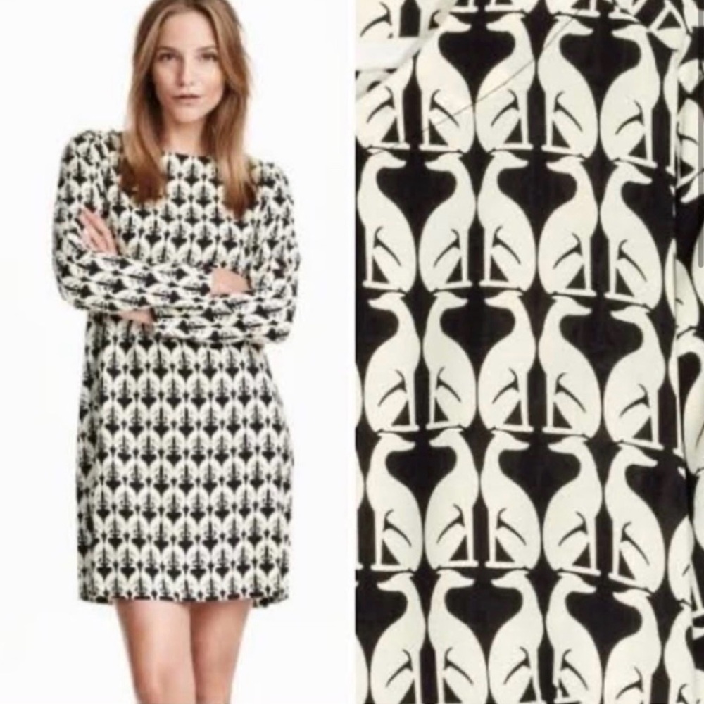 H & M Women’s Black White Greyhound Dog Patterned Long Sleeve Shift Dress size 6